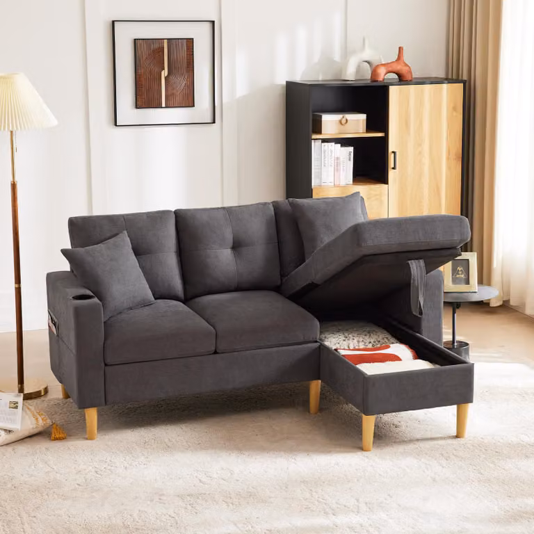 okwish divano angolare con chaise longue, vano portaoggetti e portabicchieri integrato, divano relax con 2 cuscini, divano a 3 posti per soggiorno, ufficio, casa, grigio scuro
