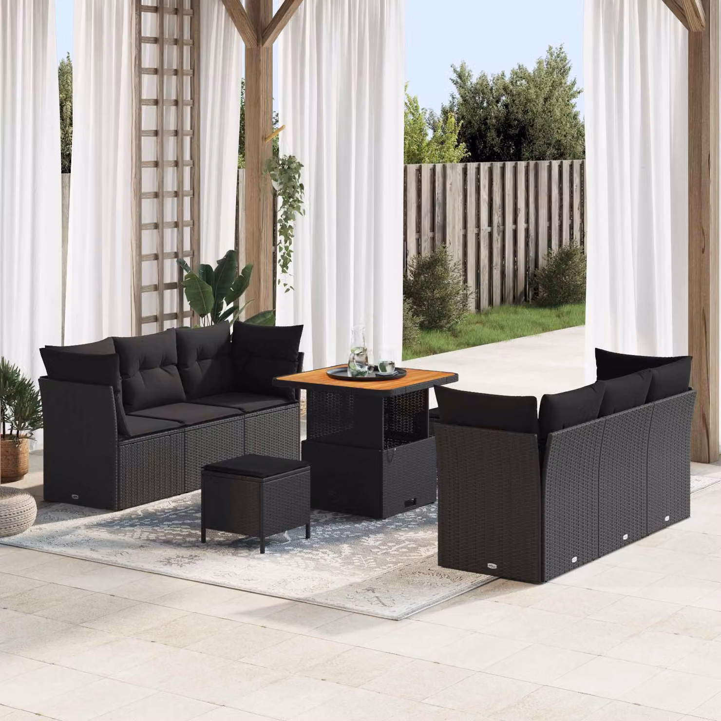 Set Divano da Giardino Moderno vidaXL in Polyrattan Nero con 9 Pezzi e Cuscini – 1