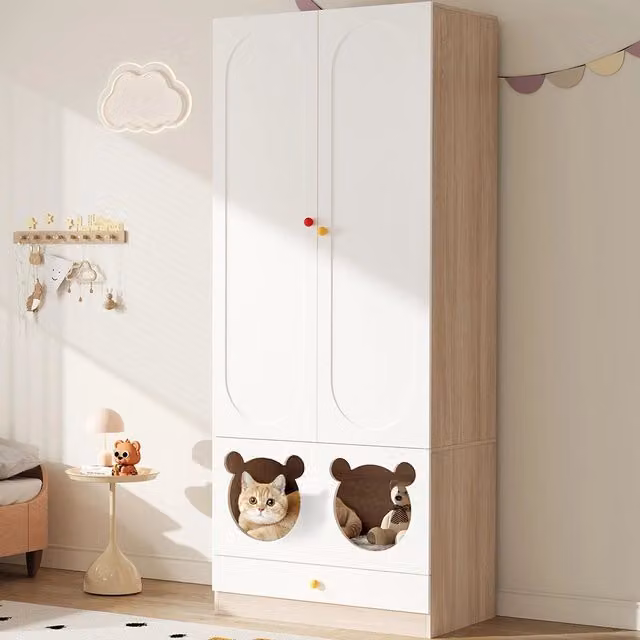 Armadio bambino con cuccia per gatto - Xylo - ante laccate, maniglie ceramica, 80x50x200 cm, bianco e naturale