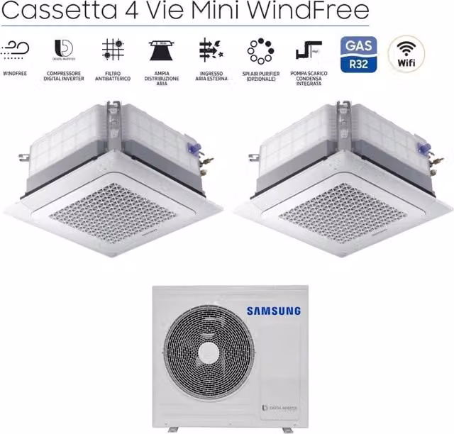 Climatizzatore Condizionatore Samsung Dual Split Inverter Cassetta 4 Vie Mini Windfree 12000+18000 BTU con Griglia Inclusa e Wi-Fi Opzionale Colore Bianco