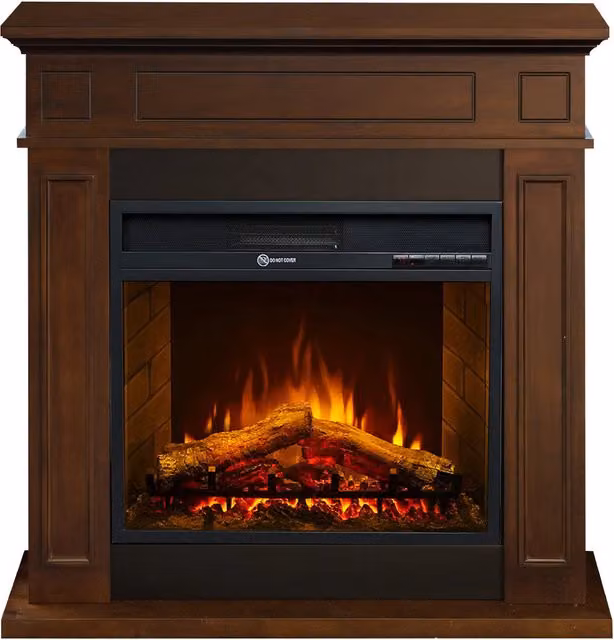 Camino elettrico caminetto da terra JEFFERSON in legno Noce L 89,5 x H90,5 x P28
