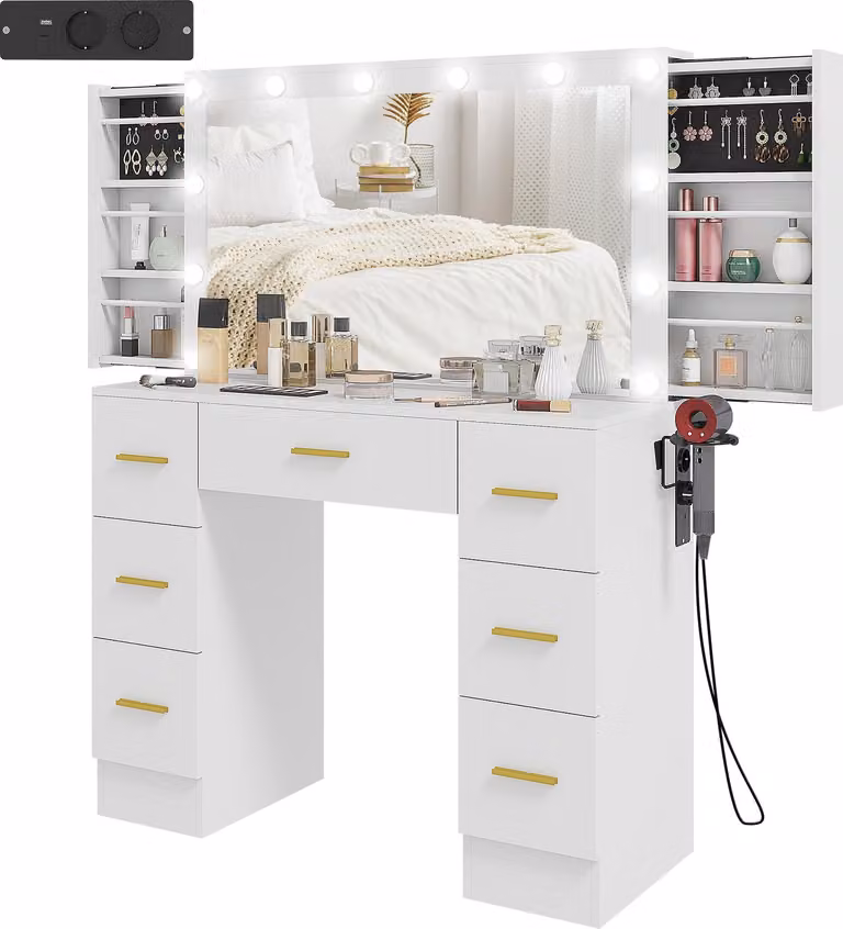 HOMCOM Toeletta con luci a LED e specchio, 7 cassetti, bianco