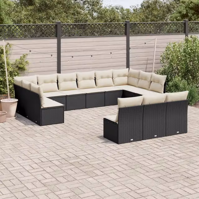 Set di Divani da Giardino Moderno VIDAXL a Forma a U in Polyrattan Nero con 13 Pezzi e Cuscini Inclusi