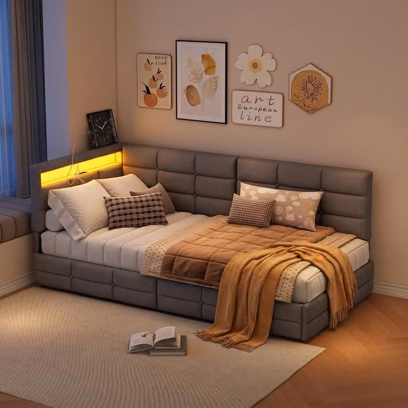 Letto imbottito ProximaX 90×200 cm – Testiera a L con LED e funzione di ricarica USB – Cassetto nella zona dei piedi – Letto confortevole per la camera da letto, grigio