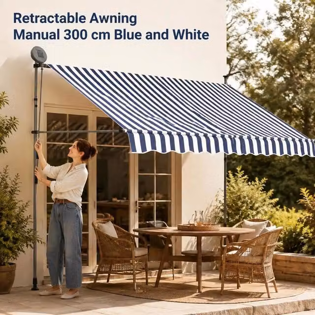 Retractable Awning, Manually Operated, With LED, 300 Cm, Blue And White
