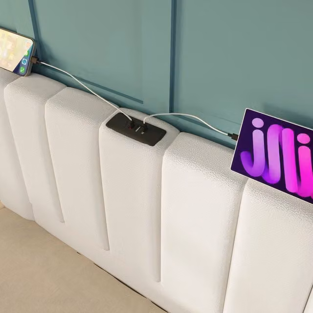 Letto Imbottito Contenitore Matrimoniale con LED e USB ¨C MINIMAL ¨C PU Bianco 180x200