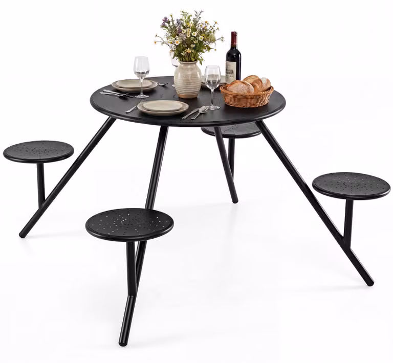 Set tavolo da picnic COSTWAY per 4 persone, tavolo da giardino in metallo con foro per ombrellone, mobili da esterno, mobili da giardino, set da pranzo, gruppo sedute