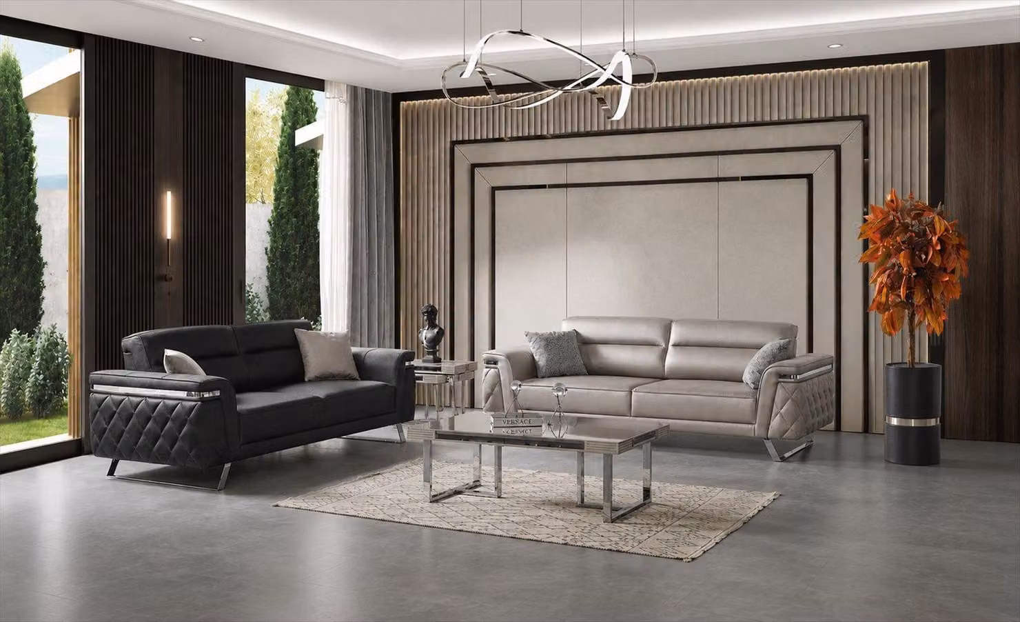 2x 3-Sitzer Sofa Set Beige Schwarz Modern Stoff Metall Wohnzimmermöbel