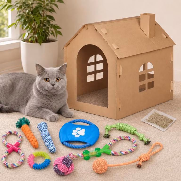 Set iniziale per il gioco con gli animali domestici (2 pezzi) – Casetta tiragraffi in cartone per gatti e confezione da 10 giocattoli per cani