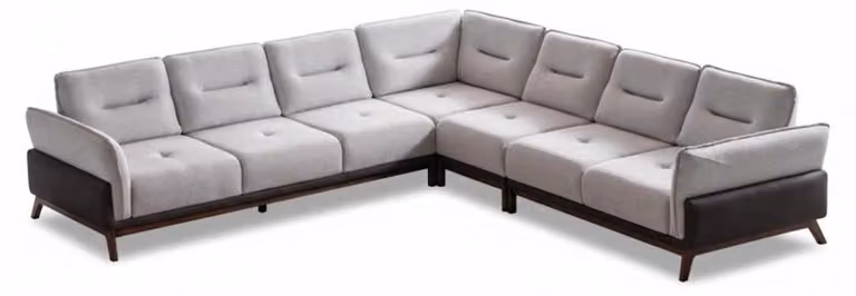 Divano ad angolo bianco, stile moderno, gambe in legno, morbidi braccioli, struttura in legno