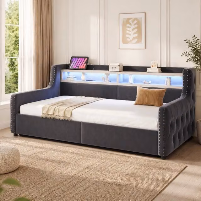 Divano letto ULEVR 90x200 cm con contenitore idraulico, LED, presa USB e Type-C, velluto grigio scuro