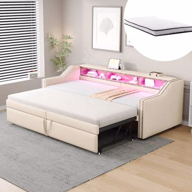 Divano letto estraibile 90×200 e 180×200 cm, 1-2 posti, con LED, USB e 3 vani, 2 materassi inclusi
