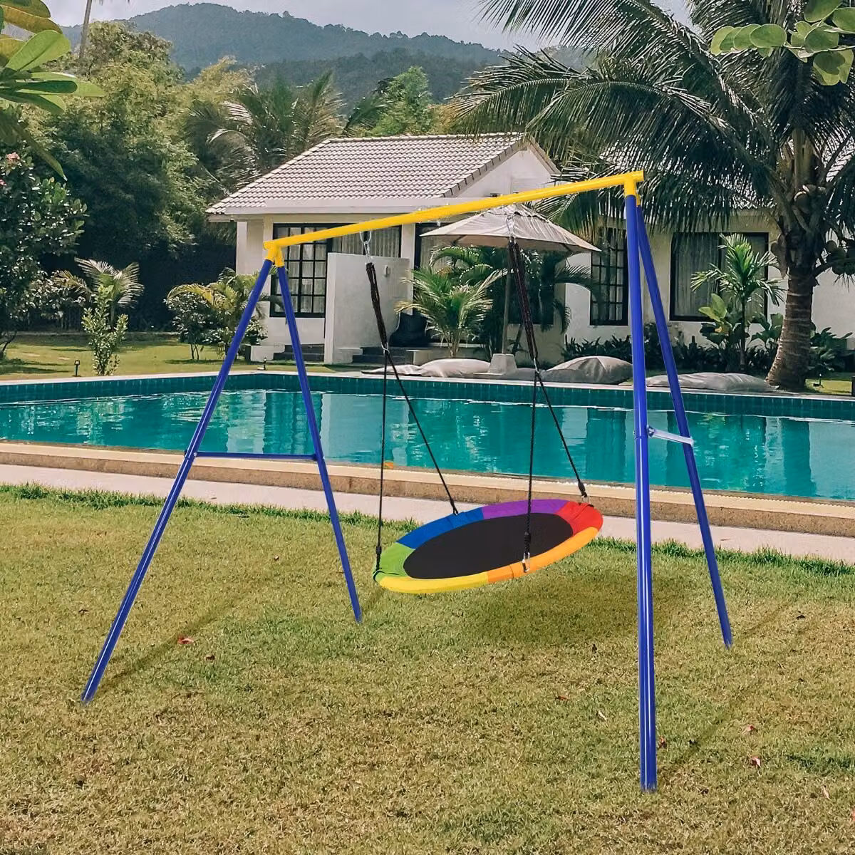 Altalena a nido Costway per bambini in tessuto multicolore con struttura ad A in metallo extra large