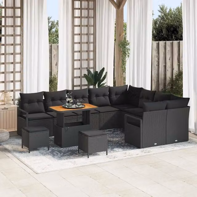 Set Divano da Giardino vidaXL a forma a U composto da 12 pezzi in Polyrattan Nero con Cuscini e Tavolino da Esterno – 1
