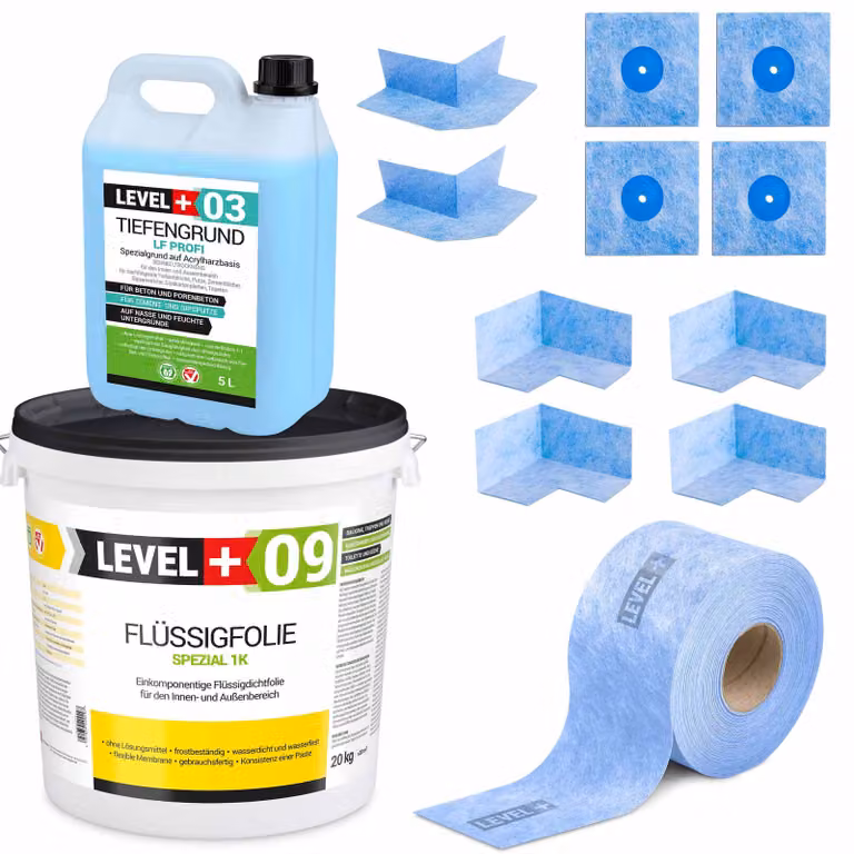 Kit di impermeabilizzazione Foglio liquido 20 kg Nastro sigillante 20 mb Primer Bagno doccia Level+ SET69