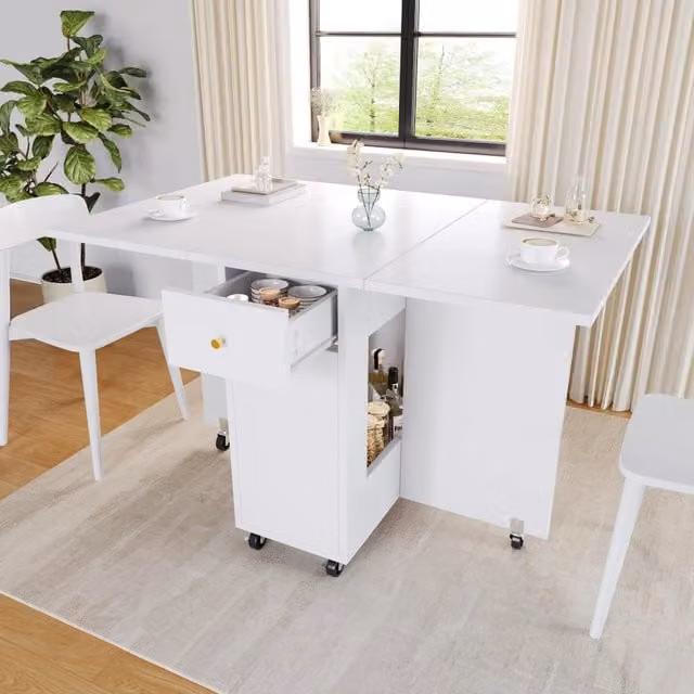 Tavolo da pranzo pieghevole con ripiani aperti, 2 cassetti e ruote, per cucina e soggiorno, bianco, 120 × 75 × 75 cm
