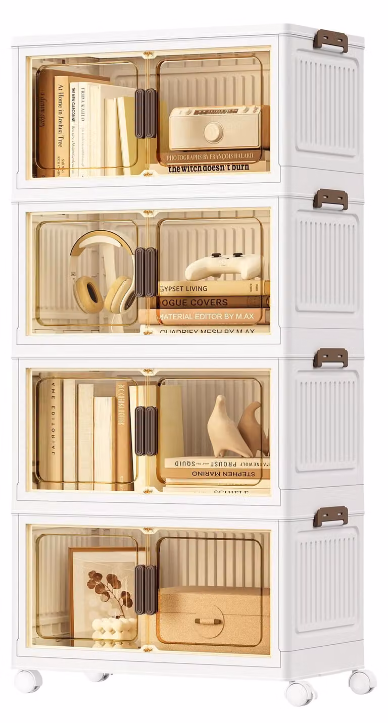 Contenitori SONGMICS, 4 ripiani, organizer con rotelle, 220 L, bianco
