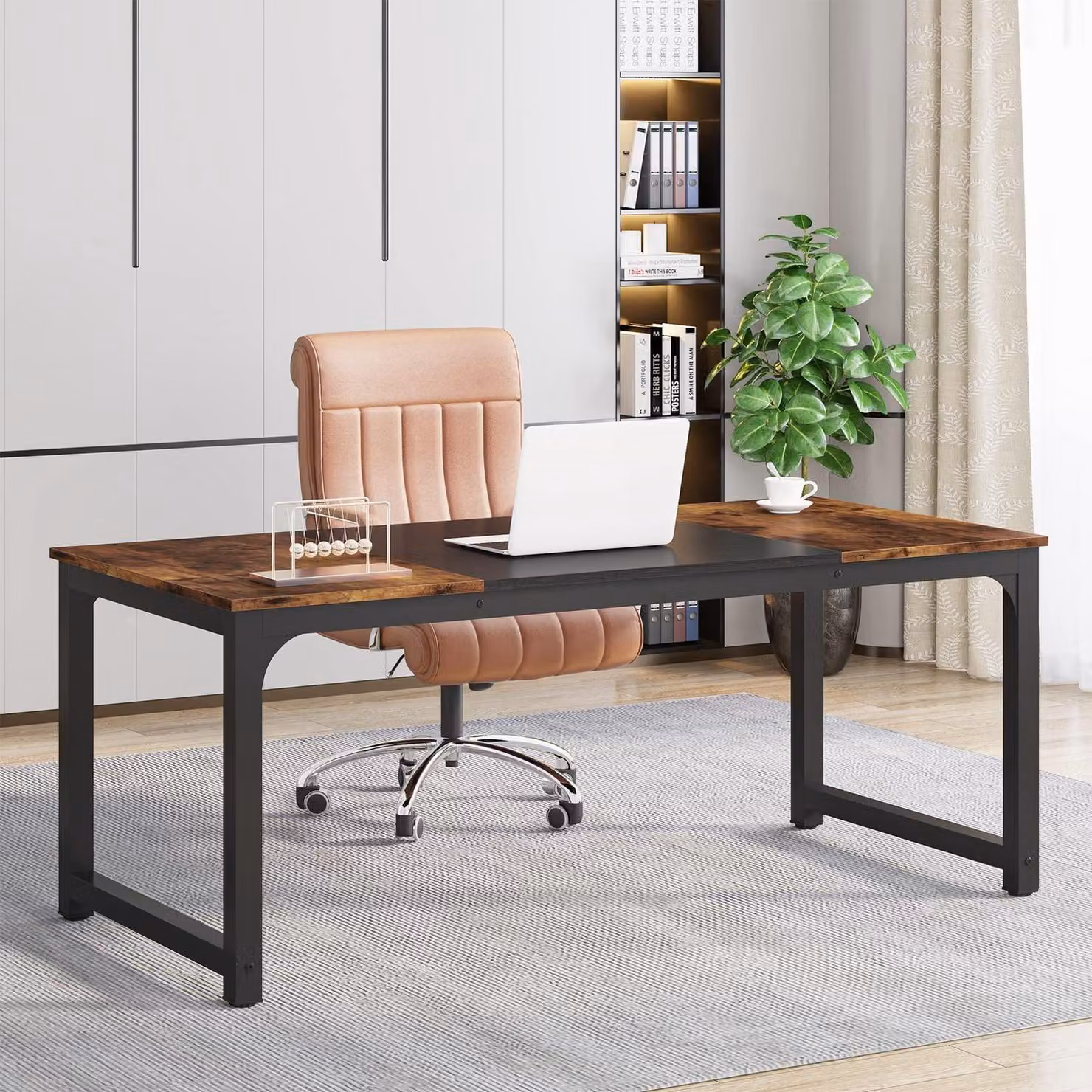 Scrivania 160x80 cm, scrivania da ufficio per 2 persone, scrivania per computer con struttura in metallo, colore nero e marrone