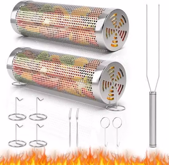Grill portatile - Cassetta da griglia portatile con forchetta - Accessori per cucina BBQ - Grigliare all'aperto - Carni e pesce verdure - Acciaio inossidabile - Cassetta per appassionato di BBQ