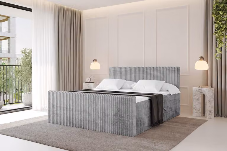 Letto boxspring ALTDECOR con pediera - TOLO-Z 160x200 Cord - Grigio chiaro - Set completo con materasso a molle insacchettate e topper, letto imbottito con materasso H4, contenitori, rete a doghe, letto con spazio contenitivo, letto matrimoniale, letto bo