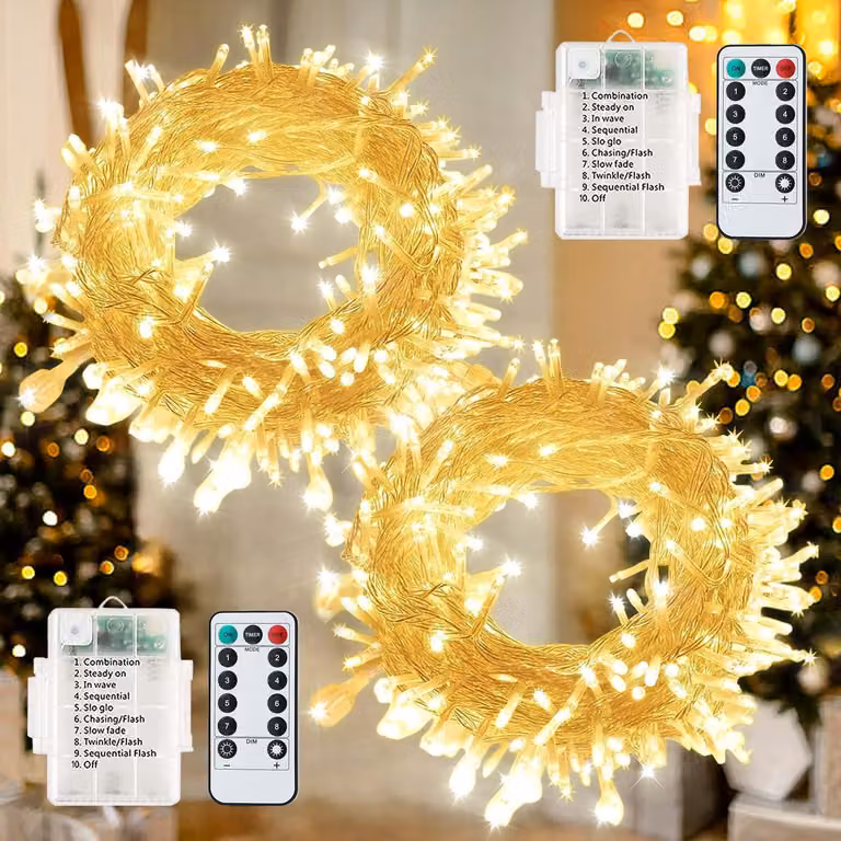 Set di 2 catene luminose a LED, lunghezza 7 metri, 60 LED, luce bianco caldo, grado di protezione IP65, alimentazione a batteria