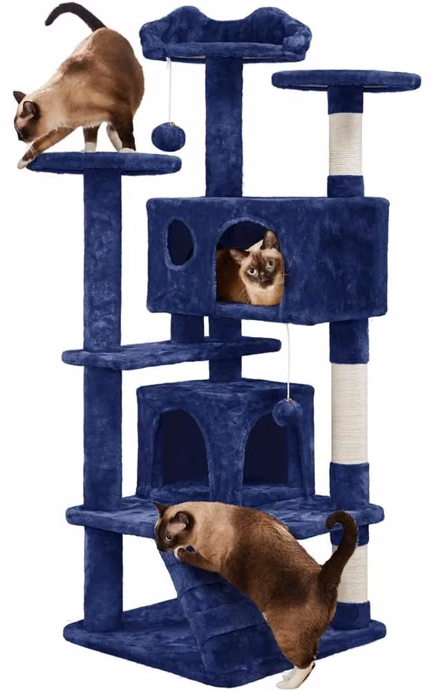 Yaheetech, albero per gatti alto 139 cm, robusto, con 2 rifugi, colore blu navy