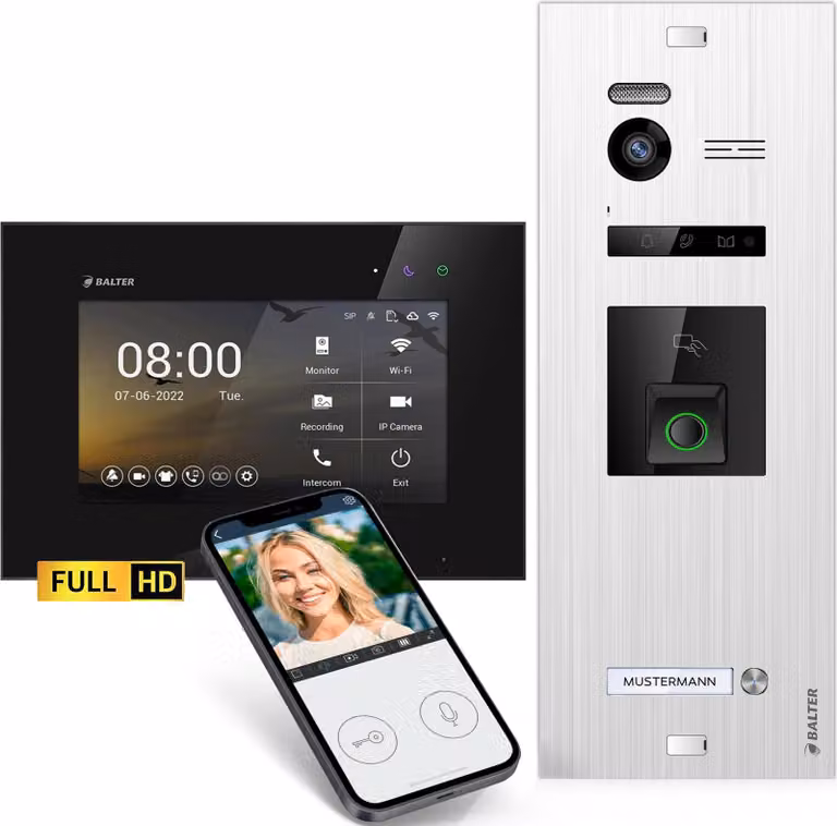 Videocitofono HD con impronta digitale RFID e app per smartphone per abitazioni monofamiliari, 1x monitor, Balter EVO HD Fingerprint
