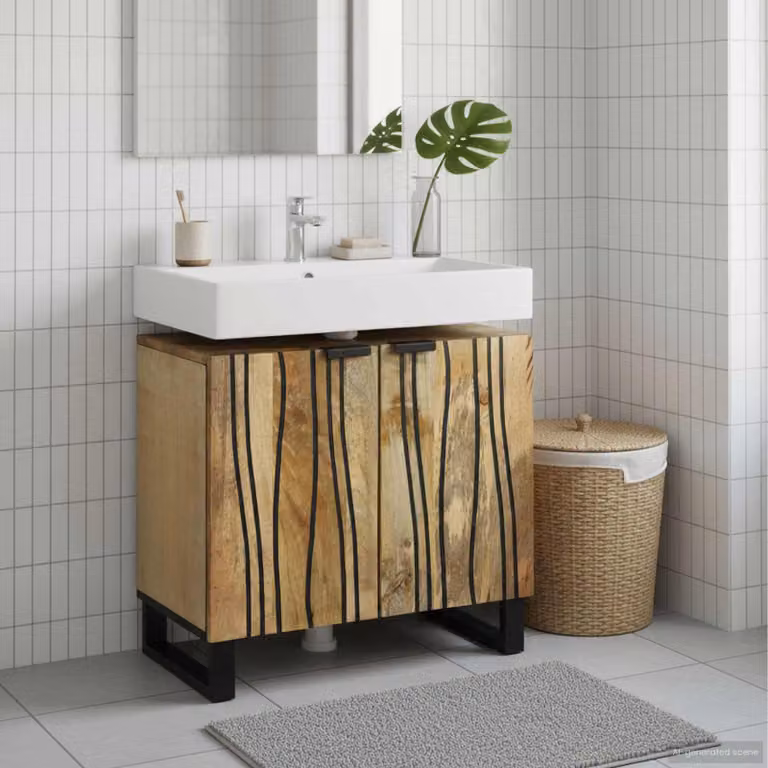 Armadio per lavabo da bagno vidaXL in legno e metallo marrone e nero con ripiani interni L: 62 cm, P: 33 cm, H: 58 cm