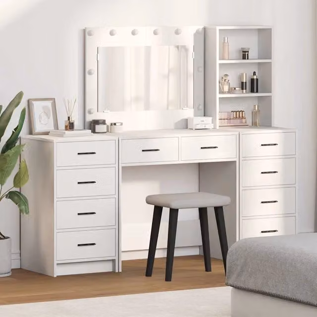 Set da trucco con specchio LED Hollywood vidaXL Bianco L: 78,5 cm, P: 41 cm, H: 135 cm