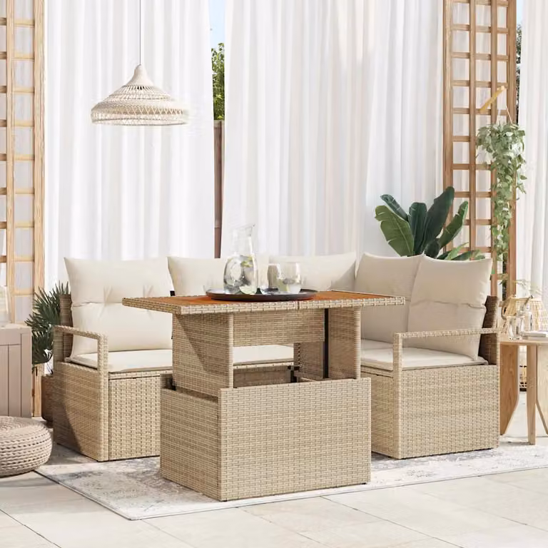 Set Divano da Giardino vidaXL 5 Pezzi Beige con Cuscini e Tavolino in Rattan e Metallo