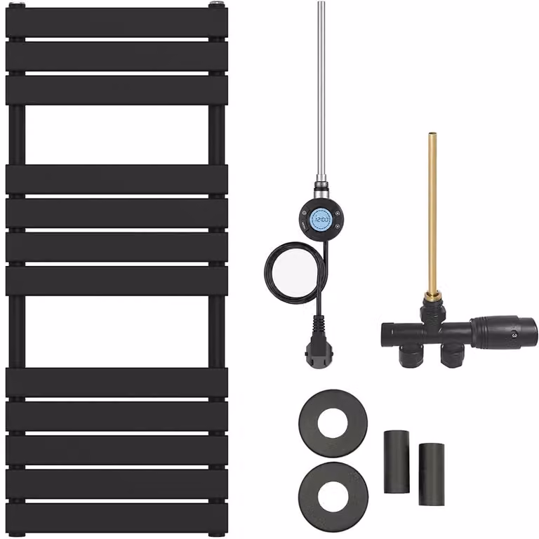 Set radiatore per bagno Claude - riscaldamento combinato, antenna Wi-Fi - collegamento laterale a un punto - 600W - nero opaco - 1200x500 mm