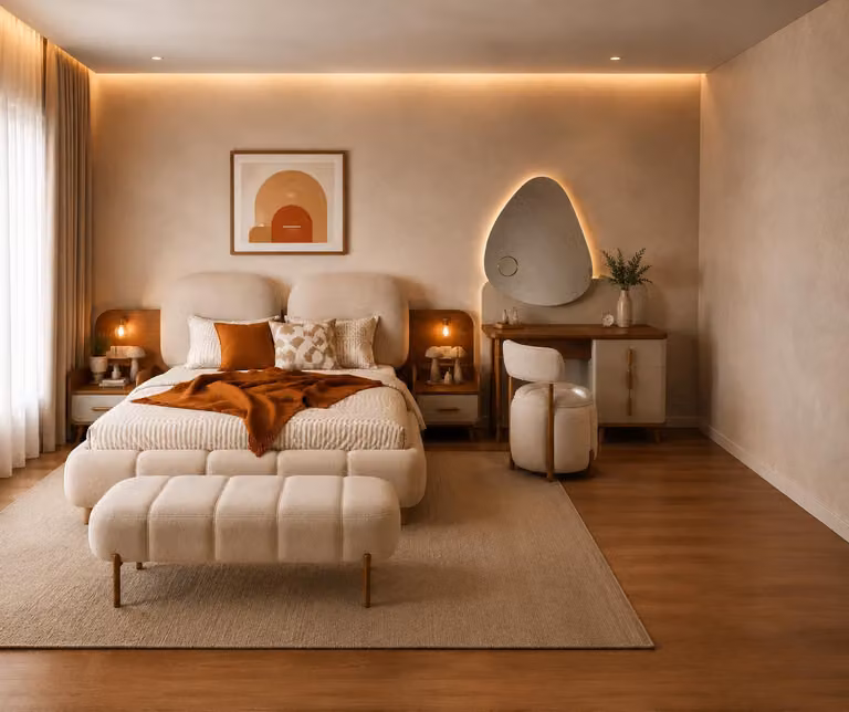 Set per camera da letto: letto, comodino, tavolino da trucco, poggiapiedi, design moderno e lussuoso