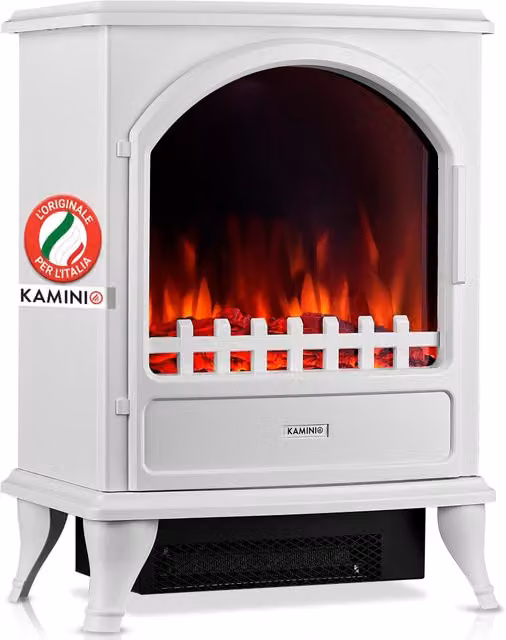 Kaminio Camino elettrico LENI con effetto fiamma 3D, stufa elettrica di colore bianco