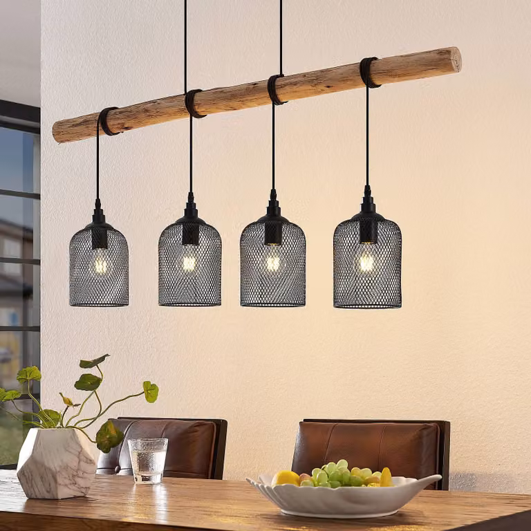 Lampada a sospensione Elrond Lindby, dimmerabile, Legno chiaro, Soggiorno / Sala da pranzo, Legno, Campagna / Rustiche, Lampada a sospensione