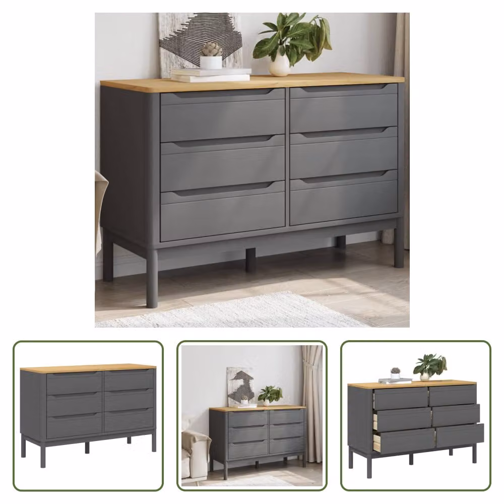 The Living Store Cassettiera FLORO Grey in pino massello