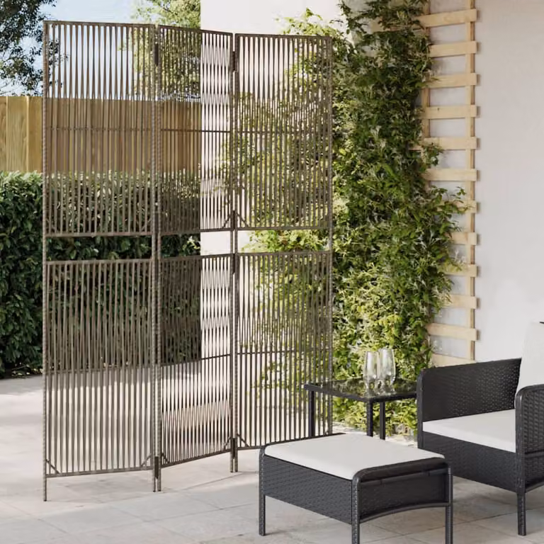 Divisorio per ambienti vidaXL a 3 pannelli in polyrattan e metallo grigio H: 180 cm x L: 147 cm x P: 3 cm