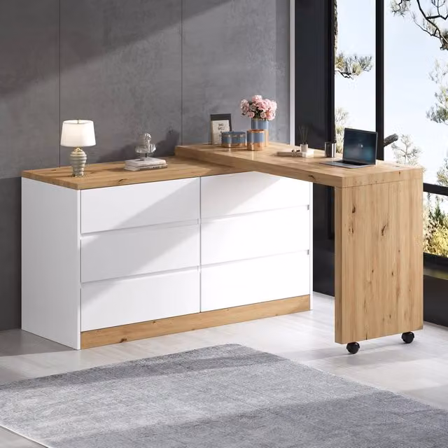 Scrivania angolare con ruote ¨C Minimal ¨C bianco rovere 90x50x75
