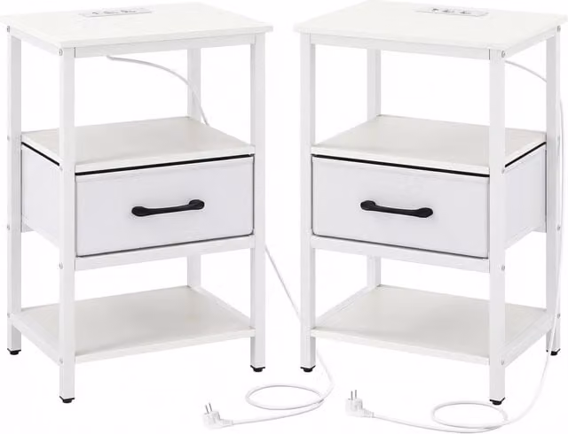 Set di 2 comodini moderni con stazione di ricarica in metallo e tessuto, Bianco e Oro