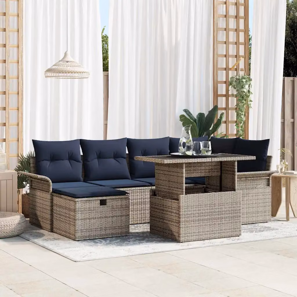 Set Divano da Giardino vidaXL 7 Pezzi Grigio con Cuscini e Tavolino in Polyrattan e Metallo