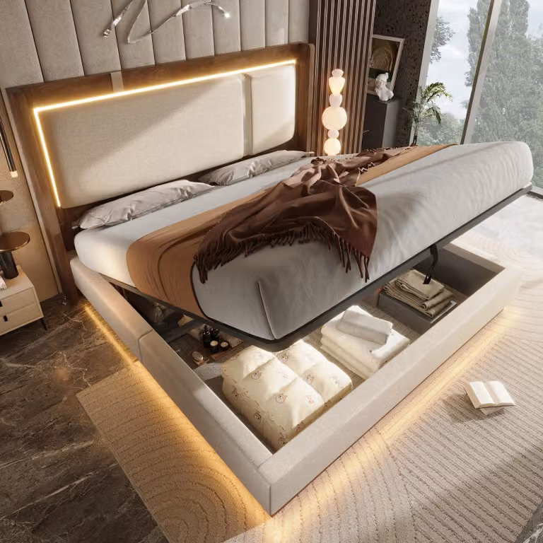 Letto imbottito okwish 160x200 con materasso e contenitore, letto per ragazzi con LED e rete a doghe, sistema idraulico, letto matrimoniale color beige