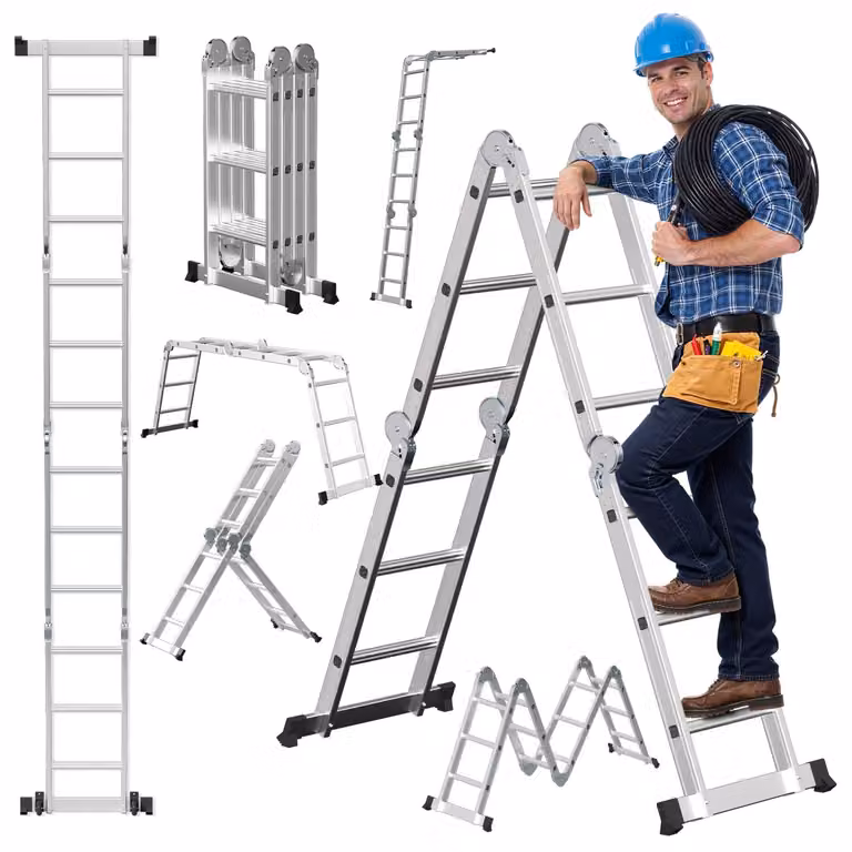 Scala multifunzione Ikodm 7in1, con 4 gradini per lato, altezza circa 360 cm / 3,6 metri, scala a sbarra in alluminio pieghevole, utilizzabile come scala a appoggio e scala a cavalletto, portata massima 150 kg