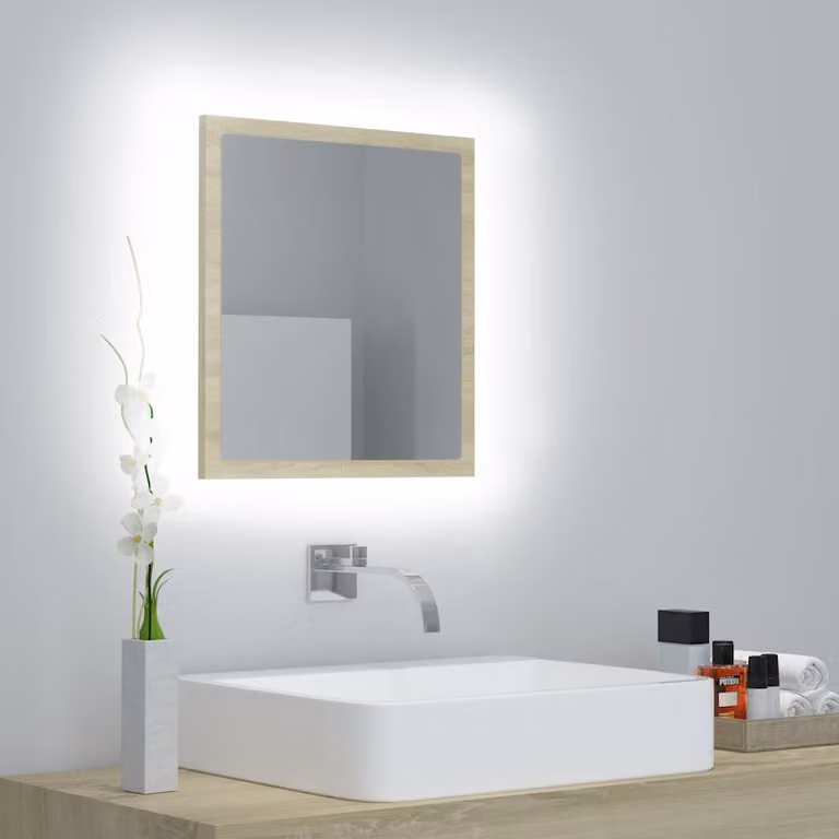 Specchio da bagno moderno vidaXL con luce LED in rovere sonoma e acrilico, L 40 cm x P 8,5 cm x H 37 cm