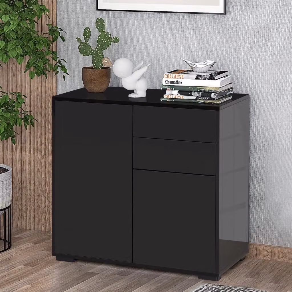 Mobiletto Multiuso GIORDANOSHOP con 2 Cassetti e Ante a Battente, Nero e Grigio Lucido, L: 79 cm, P: 36 cm, H: 74 cm – 2