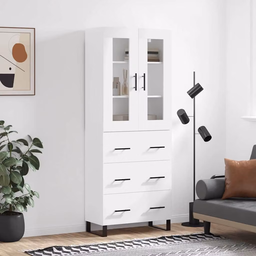 Credenza moderna vidaXL bianca con ante in vetro e ripiani interni, L: 69,5 cm, P: 34,0 cm, H: 180,0 cm