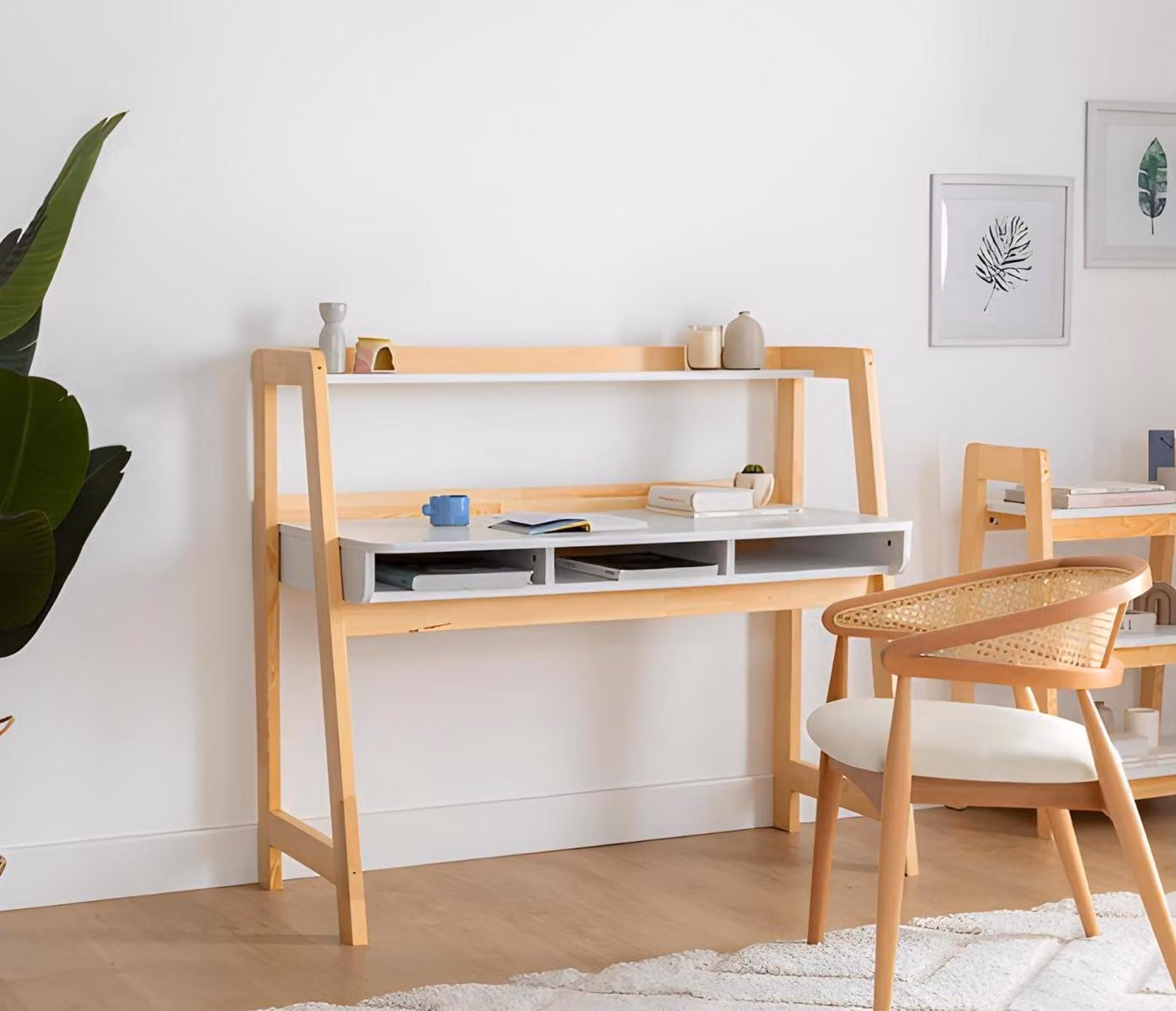 Weiß-Beiger Computertisch Robuster Bürotisch Ablagetisch Holz Möbel