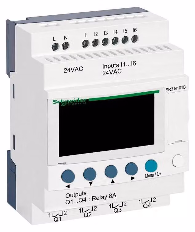 Relè di controllo PLC Schneider Electric, Zelio Logic, versione modulare, 10 I/O, 24 V CA, display, orologio, uscite relè SR3B101B