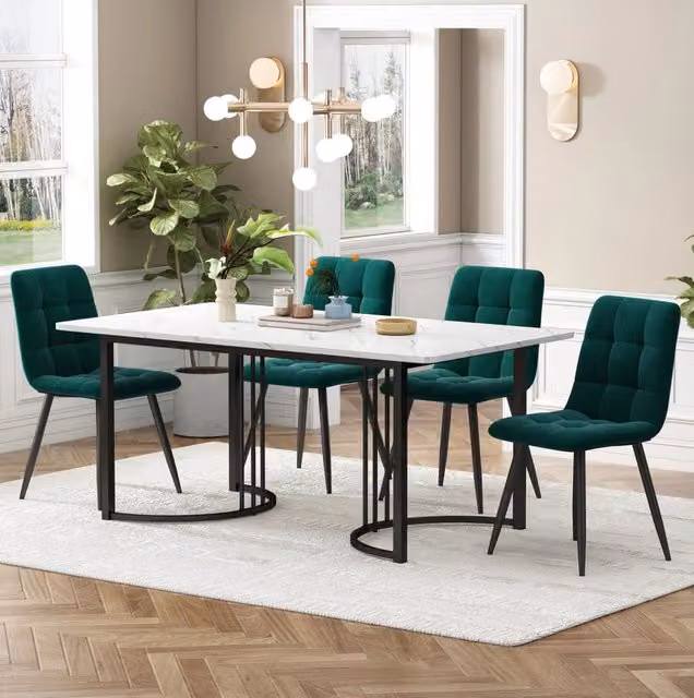 Set tavolo da pranzo 5 pezzi 140 x 80 cm in MDF bianco, 4 sedie in velluto verde