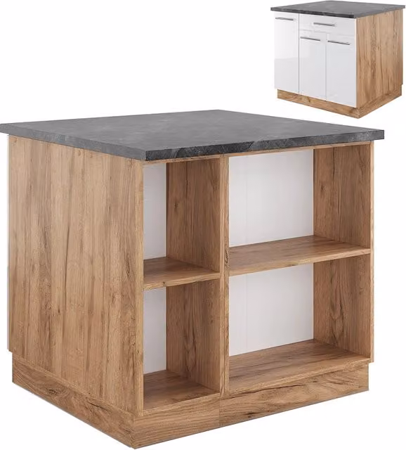 Isola cucina Fame-Line Bianco lucido/Rovere dorato 90 cm con cassetto, senza piano di lavoro Vicco