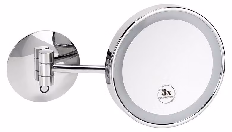 Specchio cosmetico Bemeta con illuminazione a LED, diametro 200 mm, ingrandimento 3x, cromato.