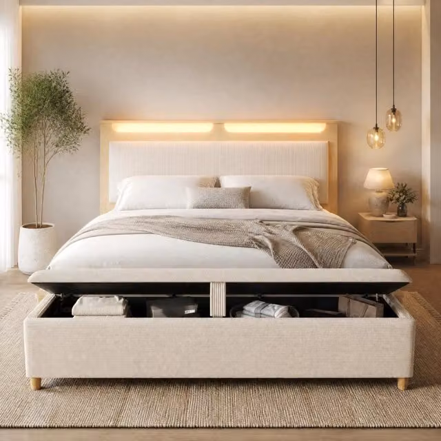 Letto matrimoniale 140x200 cm in legno e corduroy beige con LED; panca contenitore e materasso